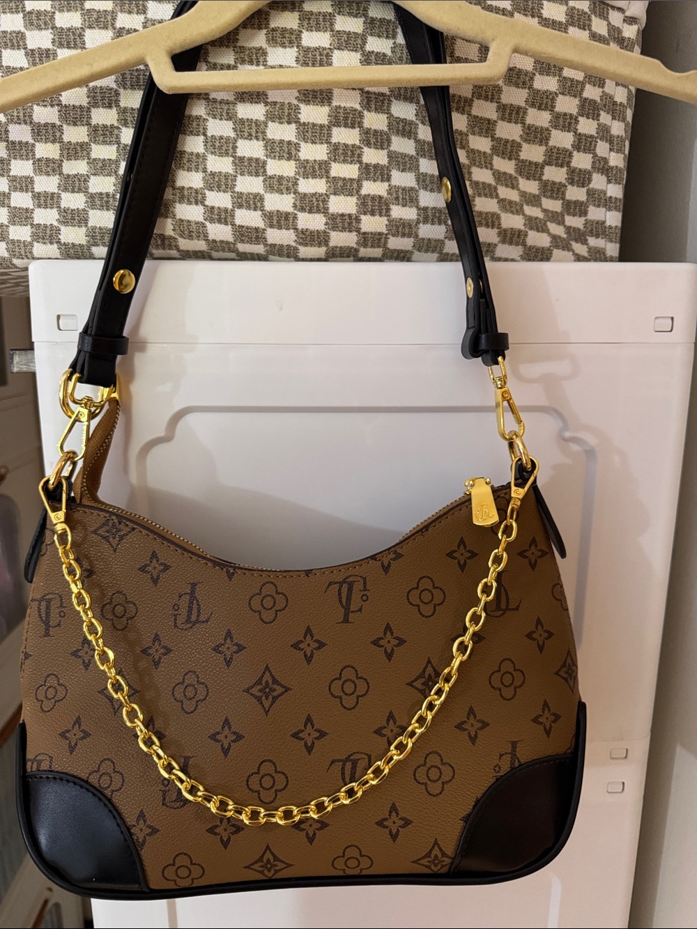 Designer-Inspired Brown Monogram Shoulder Bag with Gold Chain